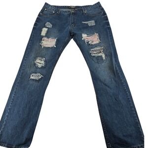 Brooklyn Xpress Jeans Mens 40x34 Blue Distressed Americana Flag Straight Leg